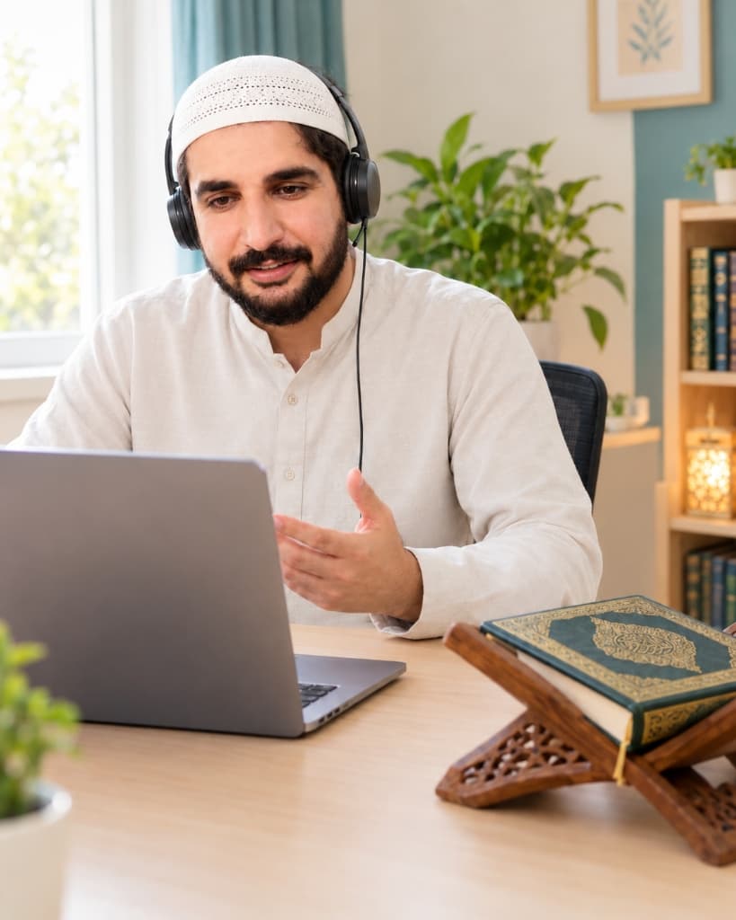 Student learning Quran online in a live 1-on-1 class with a tutor